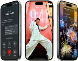 3 iPhone 17 Pro models, front exterior, side by side, demonstrating iOS 26, liquid glass effect and Apple Intelligence feature